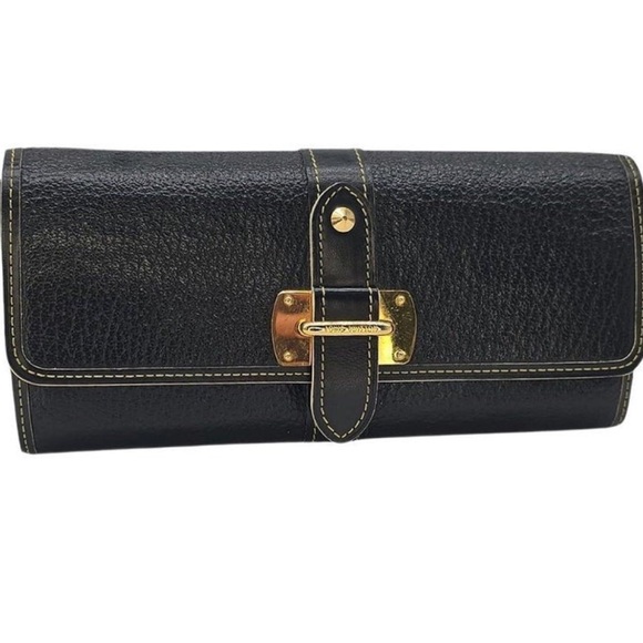 Authentic Louis Vuitton Suhali Le Favori Wallet Blackk Leather Gold Snap Large - Picture 1 of 16